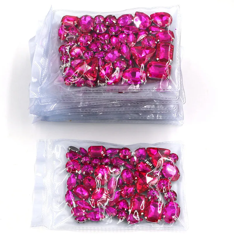 Best seller Wholesale 5 Bags Mixed Shape Silver Base Sew on Glass Crystal Rose Red Rhinestones for Clothing/Wedding Dress