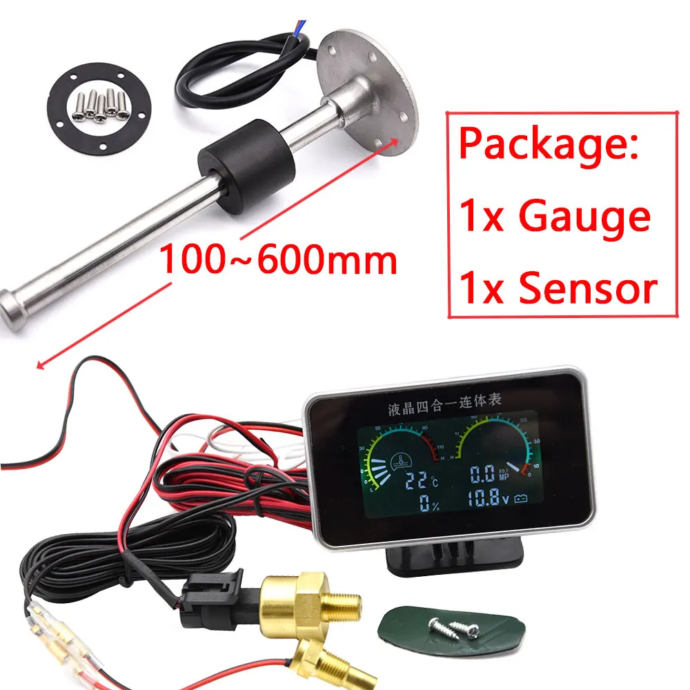 4 In 1 Water Temperature + Oil Pressure + Fuel + Voltmeter Gauge 10mm 1/8NPT Sensors Lcd Car Digital Instrument Meter 12V 24V