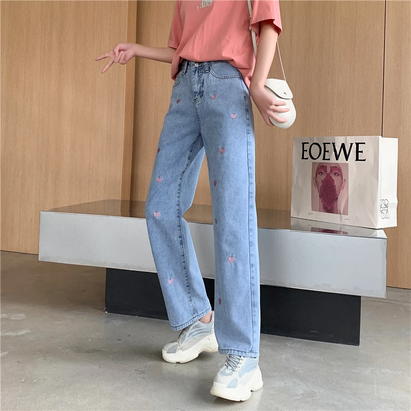 Women Wide Leg Jeans Heart Embroidery Baggy High Waist Trousers Straight Denim Streetwear Sweet Students Retro Slim Chic Ulzzang