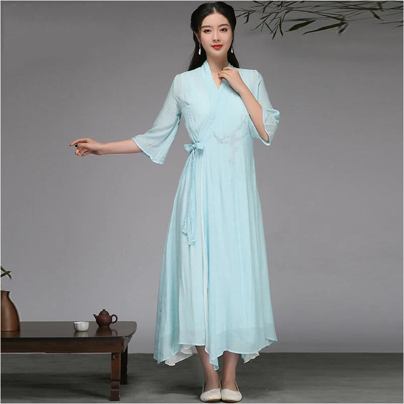 Summer Woman clothing Cotton Linen 2 Piece Sets Blue Grey Pink half Sleeve gown with a strap long dress oriental elegant costume