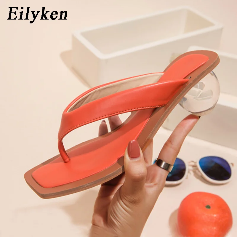 Eilyken Square Head Pinch Slippers Crystal Transparent Ball Low Heel Clear Women Flip Flops Slides Fashion Design Green Size 43