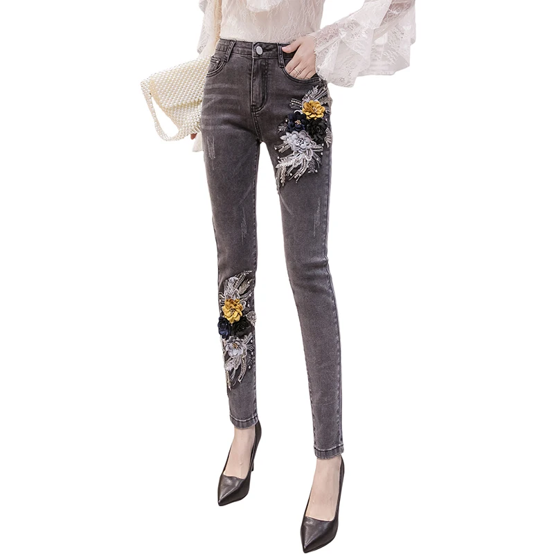 Stretchy Fashion Women Jeans Pearls 3D Flower Embroidery Skinny Ripped Jeans Woman Skinny Pants High Waist Mom Jeans Mujer