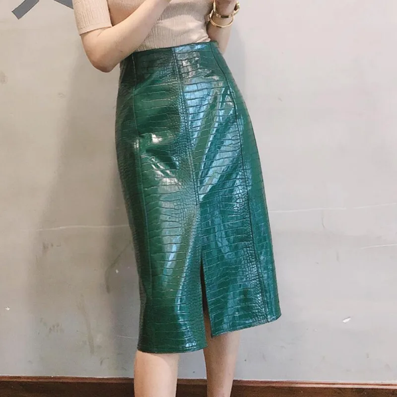 Women Pu Leather Skirts High Waist Fashion Pu Alligator Black Wine Green Slim Package Hip Split Skirts New Autumn Winter s1698