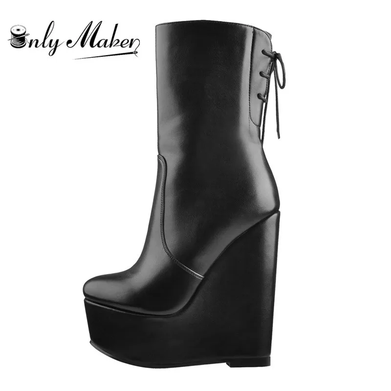 

Onlymaker Women Wedge 16CM High Heels Ankel Boots Soft Leather For Party Dress Lady Black Matte Zipper Booties