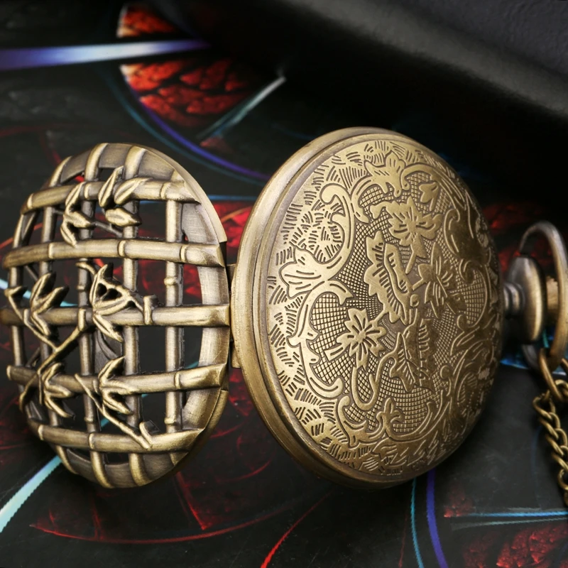 Antique Style Bronze Hollow Bamboo Quartz Pocket Watch Retro Round Dial Analog Necklace Pendant FOB Sweater Watch for Men Women