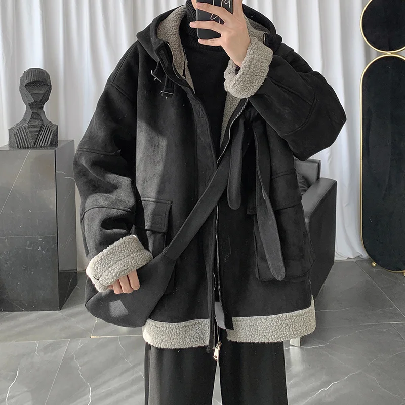 

Winter 2022 Men Oversized Hoodie Lamb Wool Coat Men's Plus Velvet Thick Warm Padded Jacket New Fashion Loose Men's Parkas H18