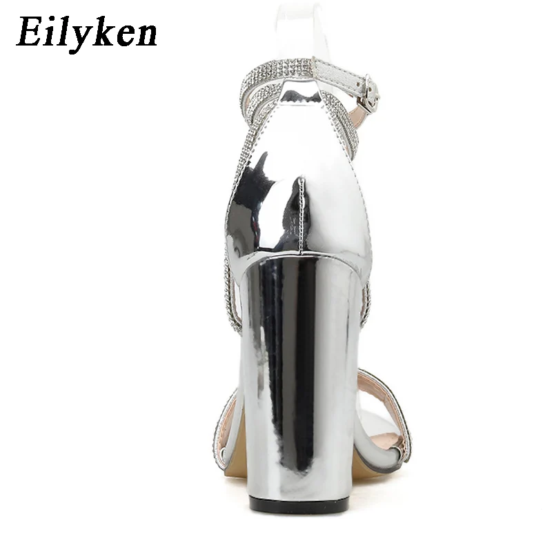 Eilyken Silver Bling Crystal Sexy Peep Toe Women Sandals Square Heel Buckle Strap Gladiator Stiletto Wedding Rhine Stone Shoes