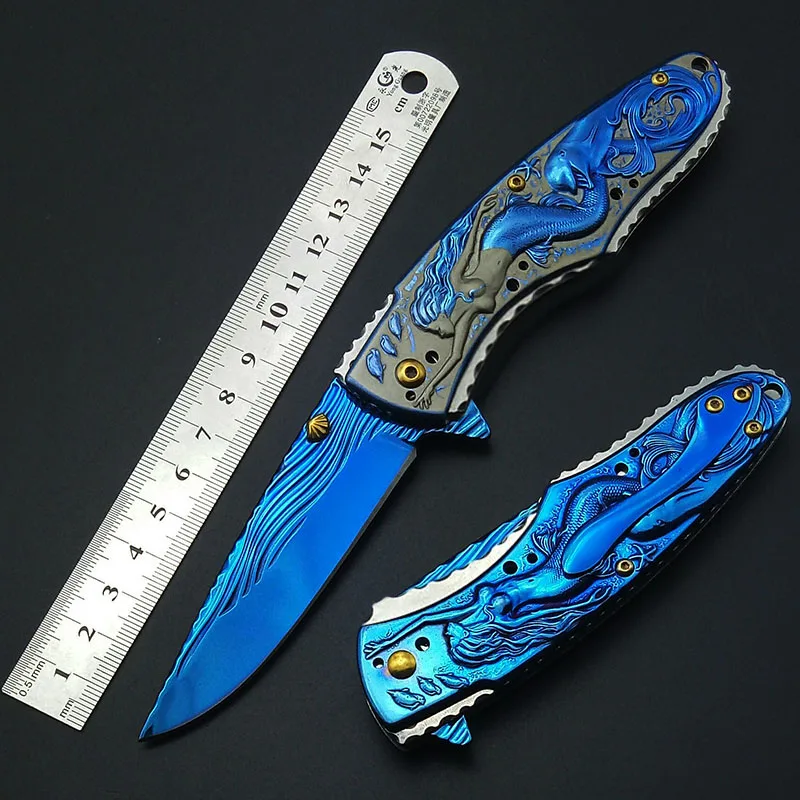 

Mermaid Fold Knife Blue Titanium Artwork Blade Handle Folding Collect knifes survival tools hunting knives free shipping