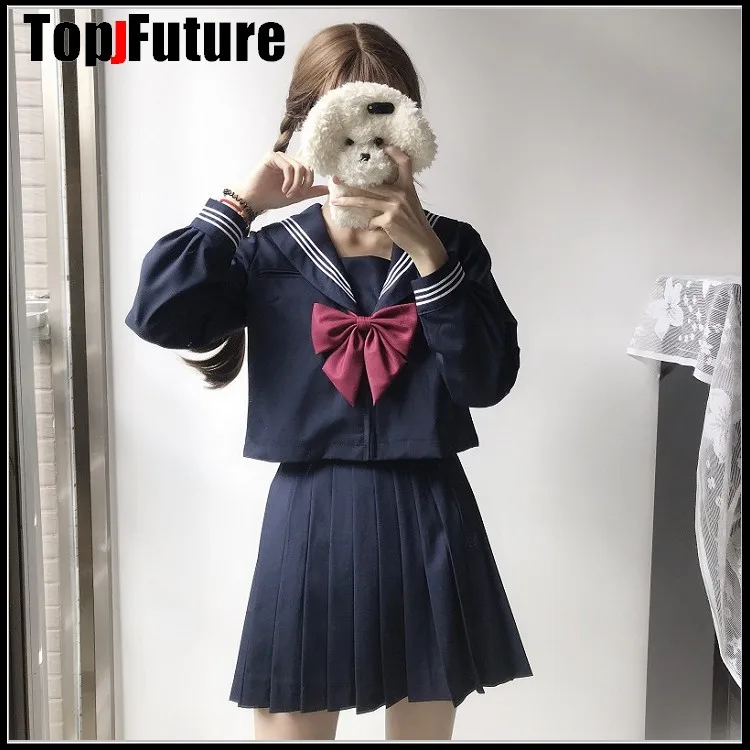 Donkerblauw Zwart Sailor Uniform Novelty School Meisje Uniformen Stage Performance Student Suits Korte Tops Met Lange Mouwen Geplooide Rok