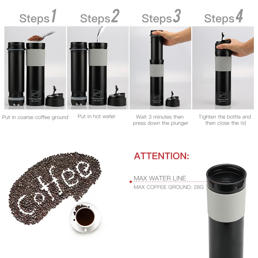 iCafilas Portable French Pressed Coffee Grinder Coffee Tea Bottle Outdoor Travel Camping Bottle for Car Hand Press Maker 350ML