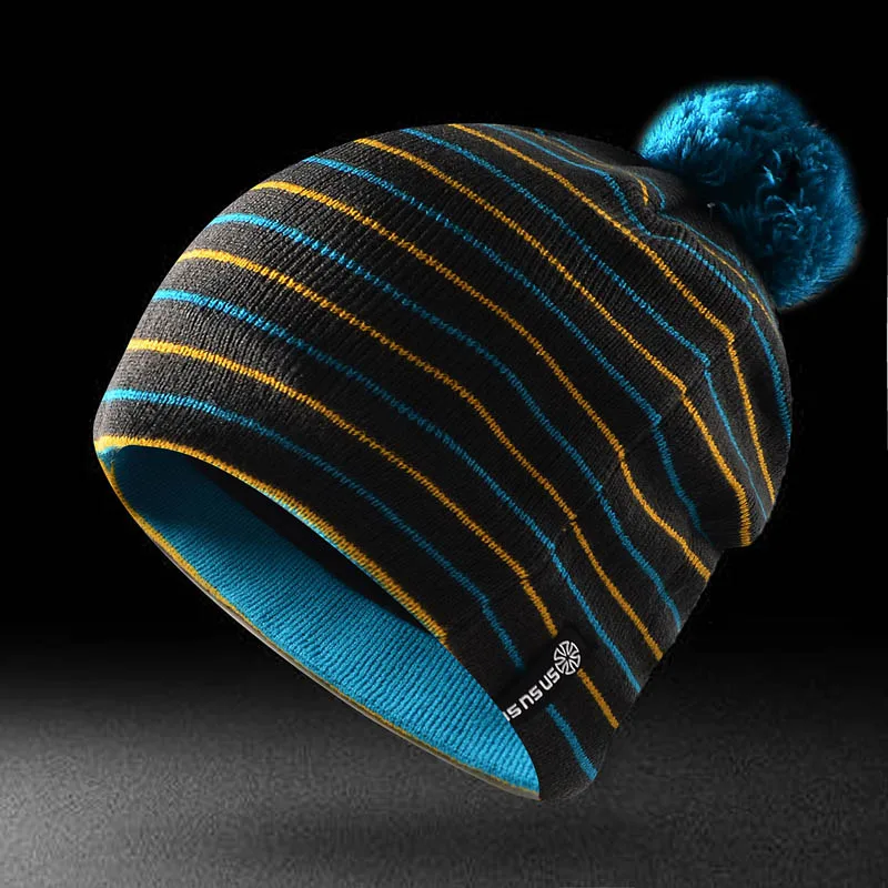 

Stripe Hairball Ski Hats Winter Warm Woolen Snowboard Caps For Men Women High Quality Female Beanies Hat