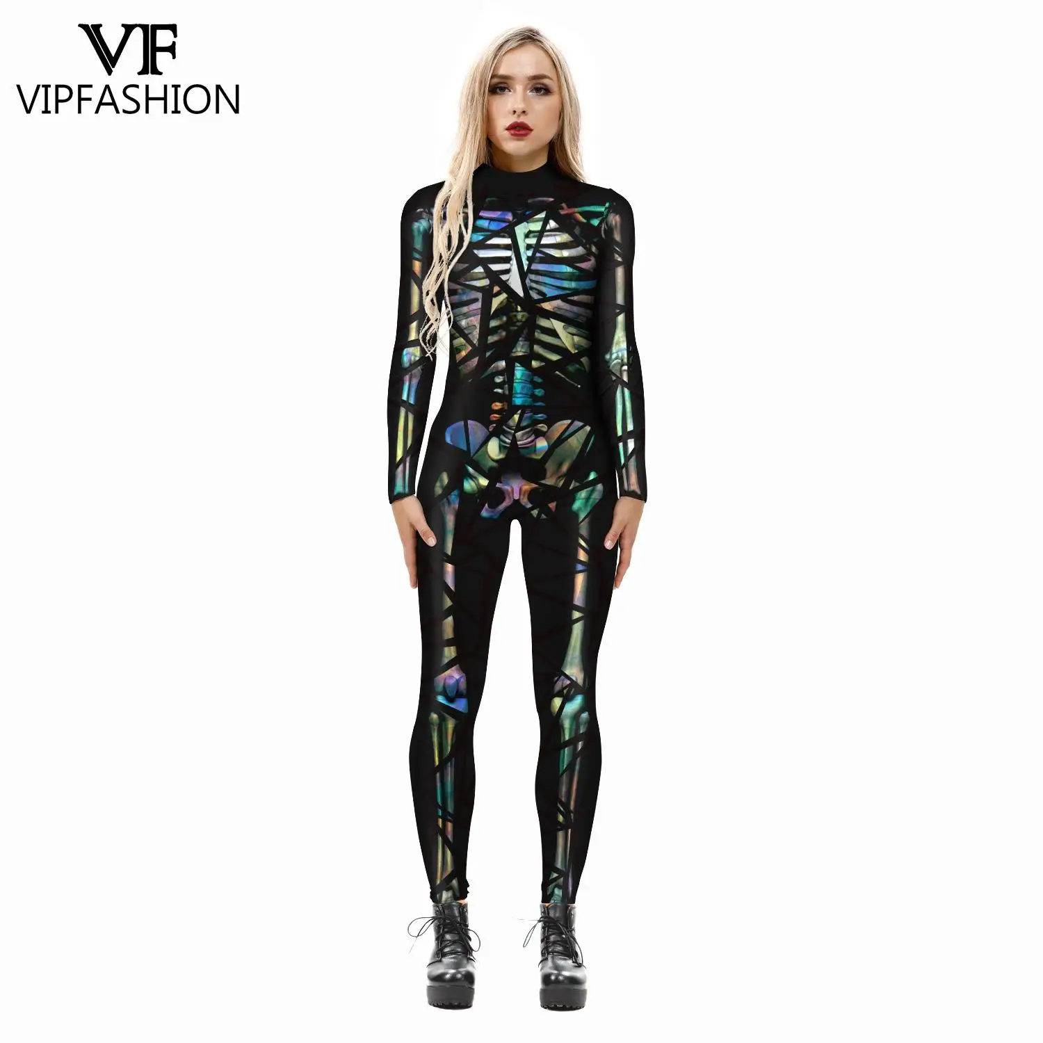 VIP FASHION Halloween Party Cosplay Costume Muscle Goth Skeleton Print Zentai Catsuit Women Sexy Outfits Bodysuit Jumpsuits