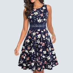 Feminino vintage casual em torno do pescoço uma linha verão elegante floral rendas retalhos sem mangas túnica festa swing vestido ha079