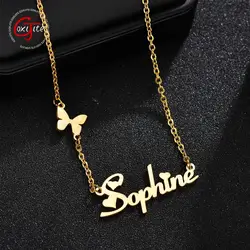 Goxijite Fashion Custom Stainless Steel Name Necklace With Butterfly For Women Personalized Letter Gold Color Necklace Gift
