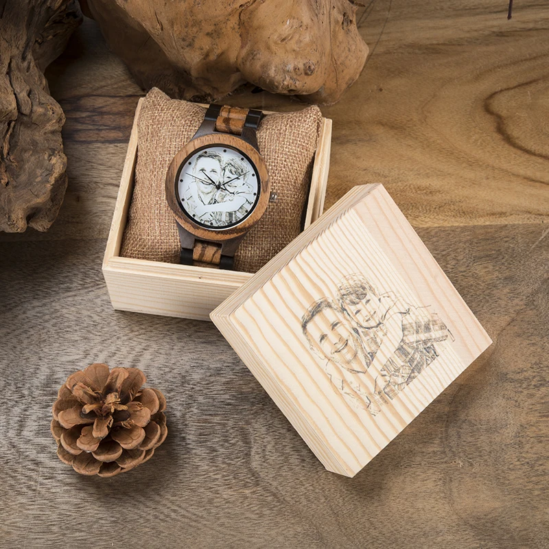 Custom LOGO Printing Photo Men Watch Unique Bamboo Wood Engrave Picture Wristwatch  Anniversary Christmas Father\'s Day Gift