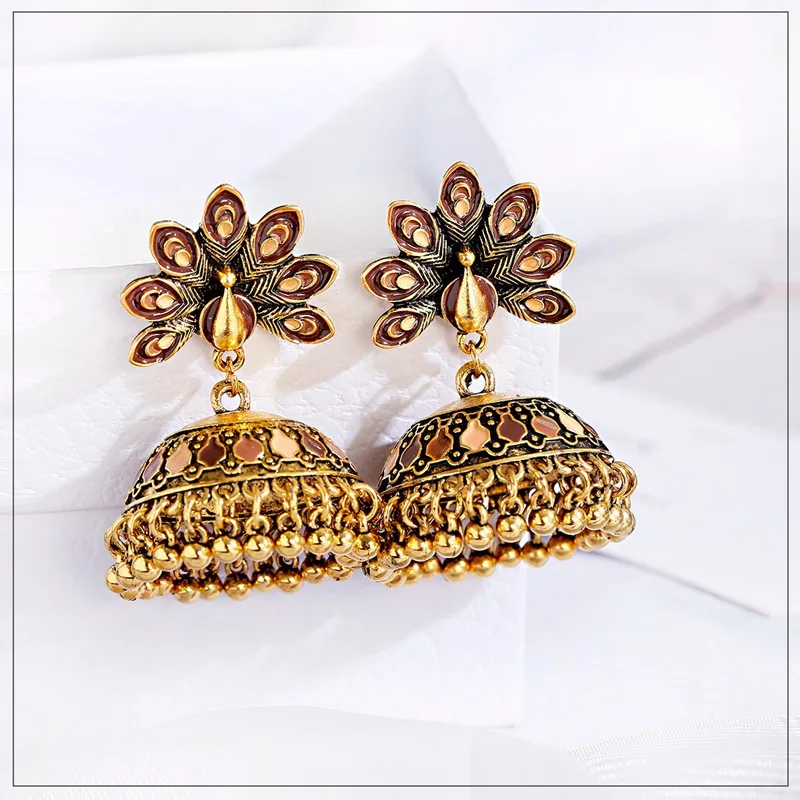 Vintage Antique Indian Bollywood Peacock Carved Jhumka Jhumki Earrings Women Boho Ethnic Gold Color Bells Earring Jewelry