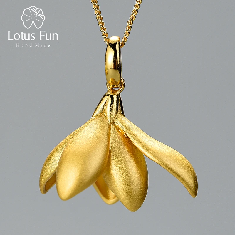 Lotus Fun 18K Gold Elegant Magnolia Flower Pendant without Necklace Real 925 Sterling Silver Handmade Fine Jewelry for Women