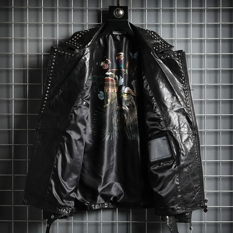 Punk Style Outerwear Rivets Zipper Motorcycle Biker Jacket Men Turn-Down Collar Genuine Leather Cowhide Coat Mens Short Jackets