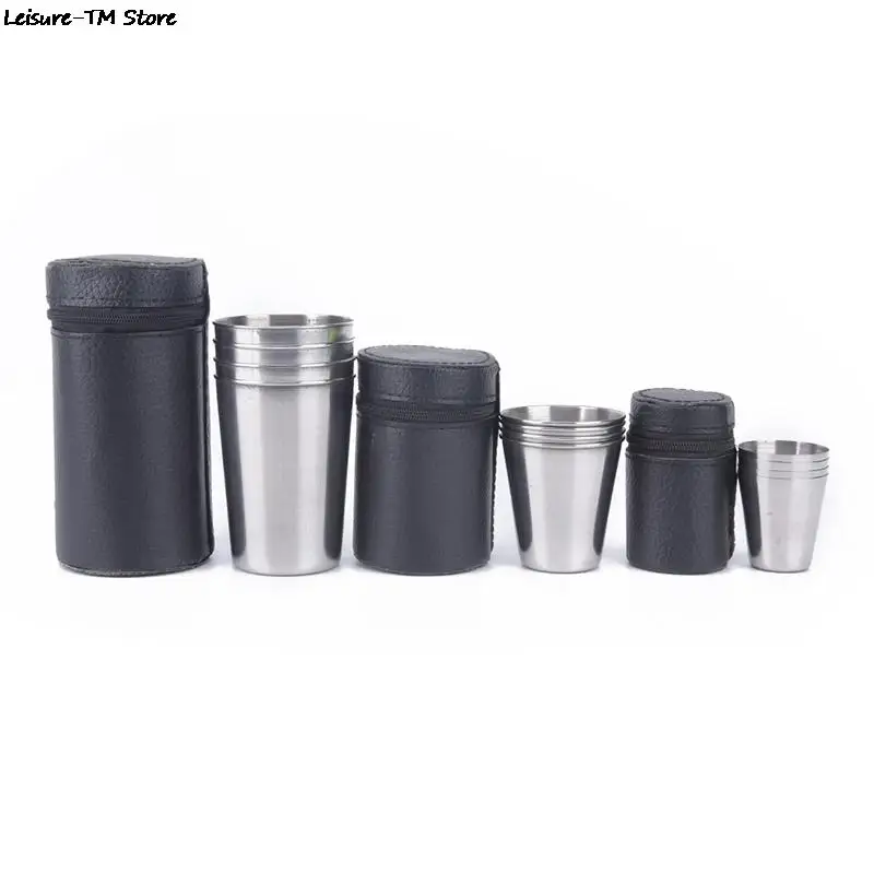 4Pcs/Set 30ml/70ml/170ml Travel Cups Set Stainless Steel Cover Mug Camping Cup Mug Drinking Coffee Tea Beer With Case Tableware