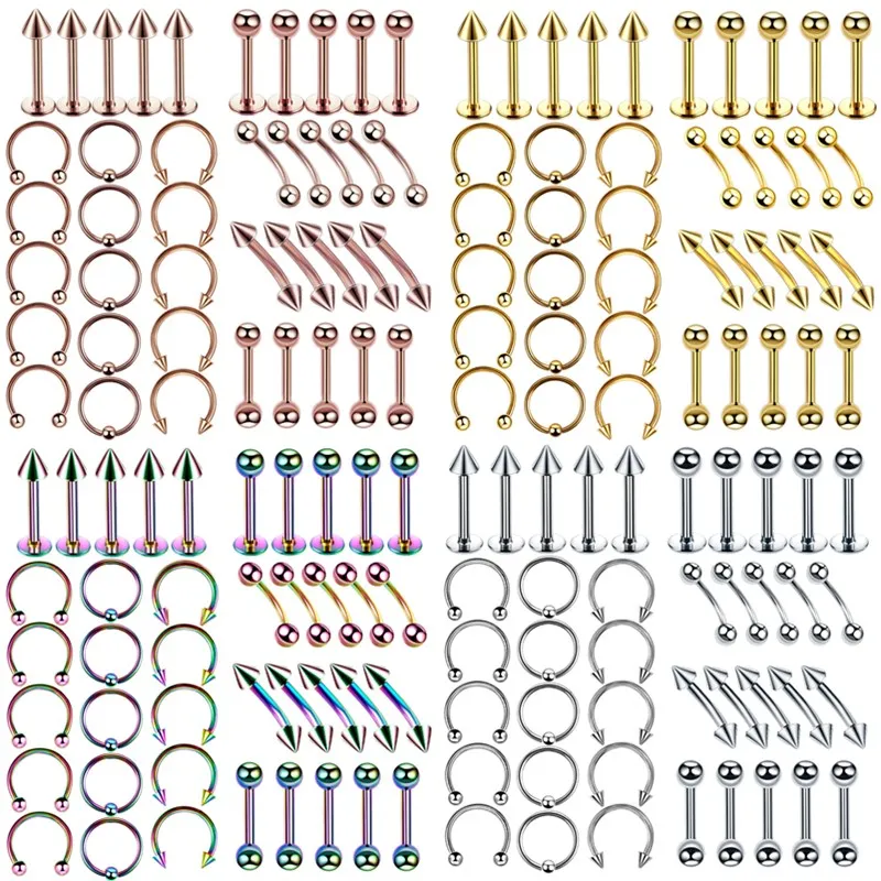 40PCS Surgical Steel Body Piercing Jewelry Lot Bulk Nose Ring Tongue Bar Lot Eyebrow Labret Piercing Set Horseshoe Ring Lot Pack