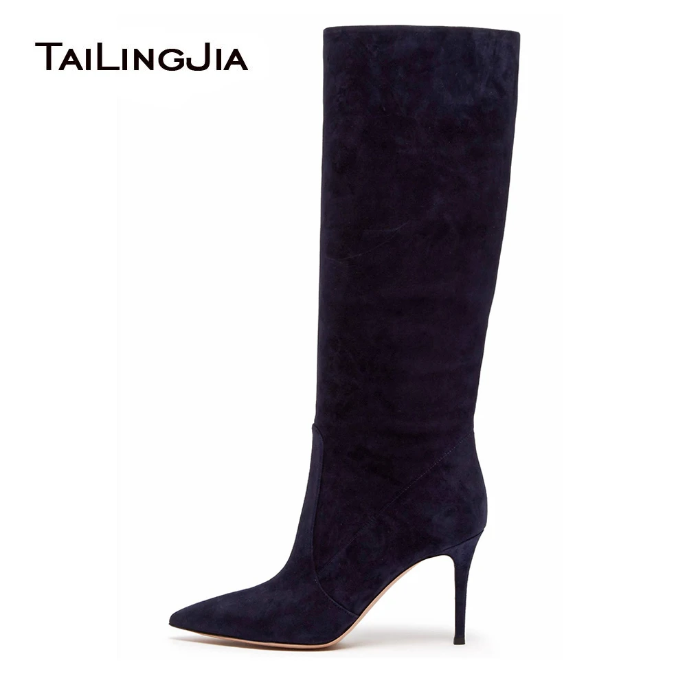 

High Heel Brown Knee High Boots 2021 Woman Slouch Tall Boots Grey Pointed Toe Boot Slip On Winter Shoes Blue Faux Suede Footwear