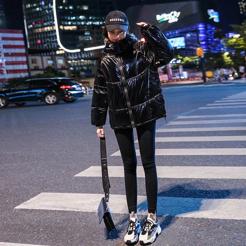 2019 Female Glossy Winter Down Cotton Padded Jacket For Women Thick Bright Black Short Shiny Jacket Silver Cotton Parkas
