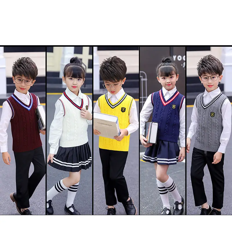 Preppy Style Boys Knit Vest Autumn Winter Solid Color V-neck Sweaters Children Knitted Vest Sleeveless School Uniform for Girls