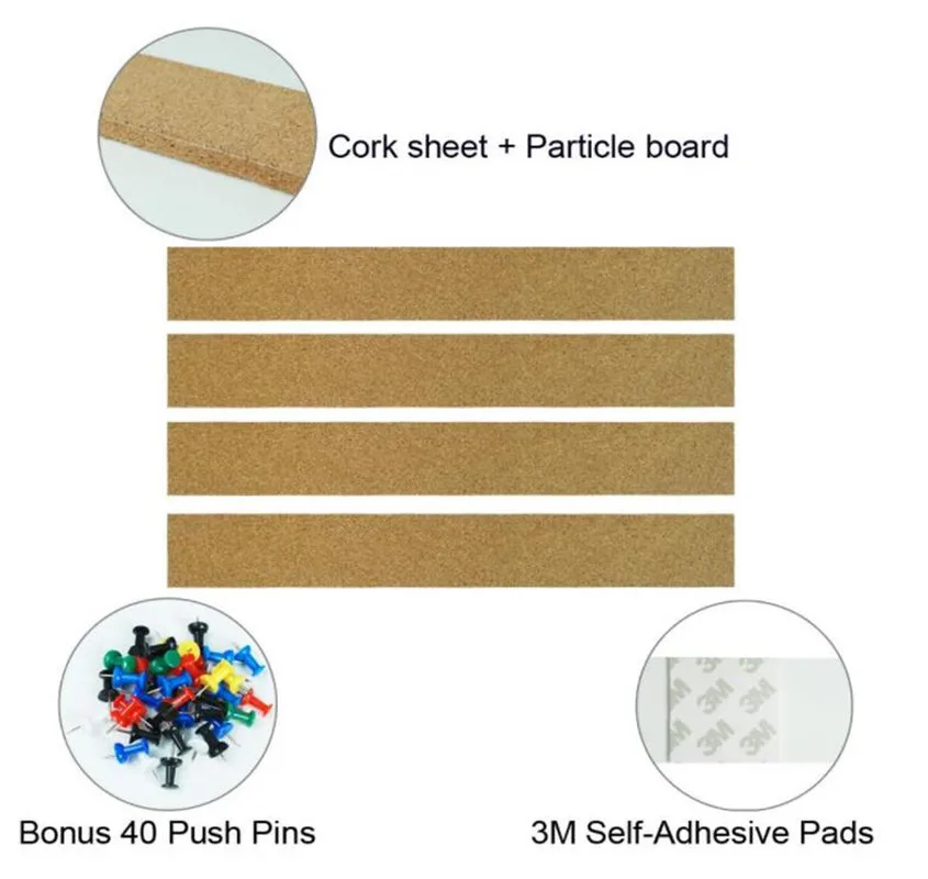 8Pcs Cork Strips Frameless Self-Adhesive Cork Board with Cork Board Pins for Office School Home Decor Adhesive Squares Included