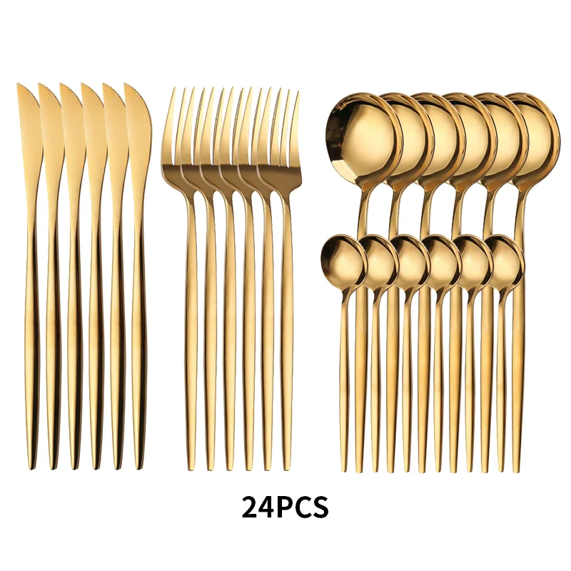 24PCS Cutlery Set Stainless Knife Fork Spoon Flatware Tableware Set Gold Gift Box Portable Dinnerware Dishwasher Kitchenware