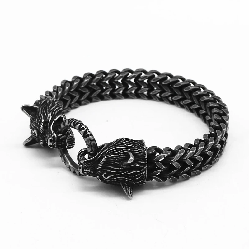 Never Fade Rock Viking Wolf Charm Bracelet Men's Stainless Steel Mesh Chain Wolf Punk Bracelets Biker Jewelry