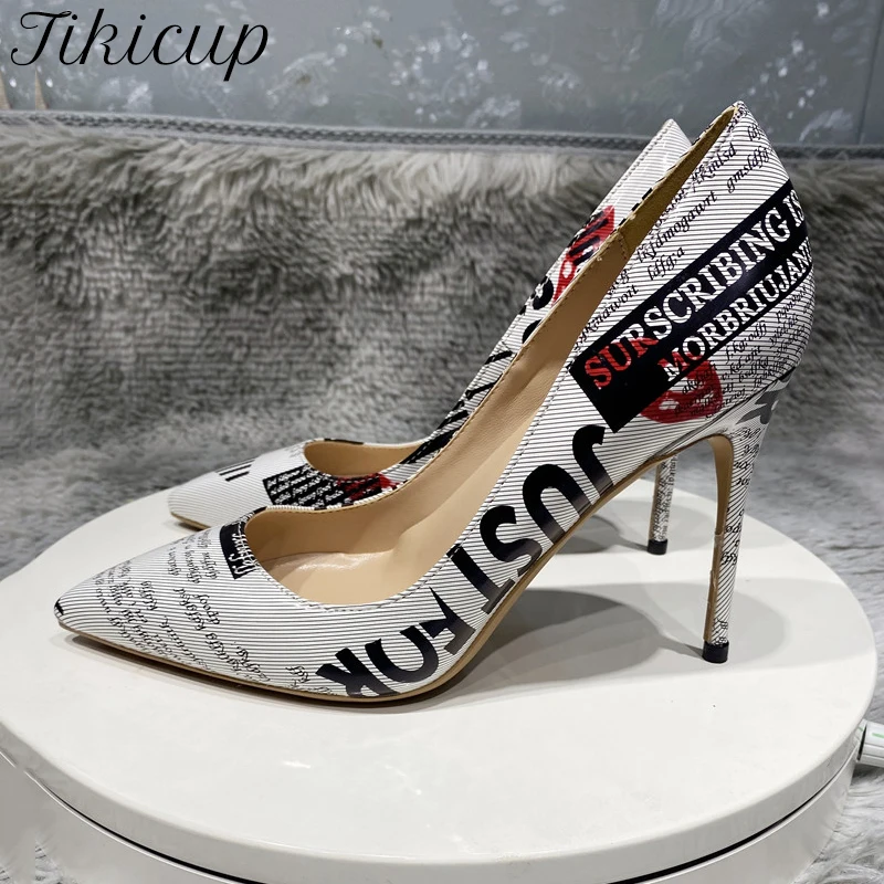 Tikicup Newspaper Printed Women Patent Pointy Toe High Heel Shoes Fashion Designer Ladies Slip On Stiletto Pumps 8cm 10cm 12cm