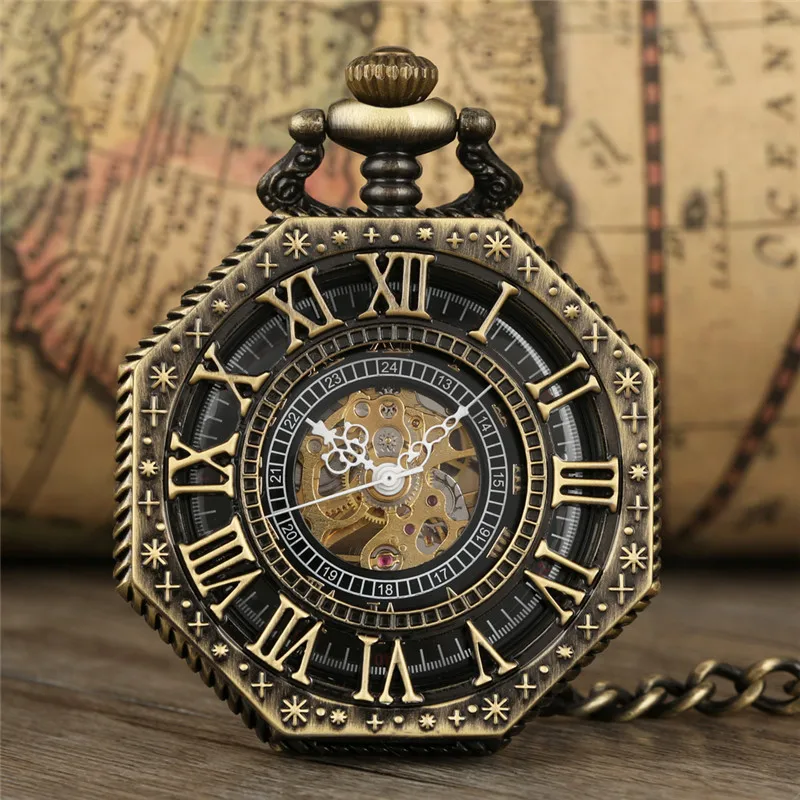 Bronze Hollow Octagon Design Men Women Skeleton Handwinding Mechanical Pocket Watch Roman Number Clock Pendant Chain Gift