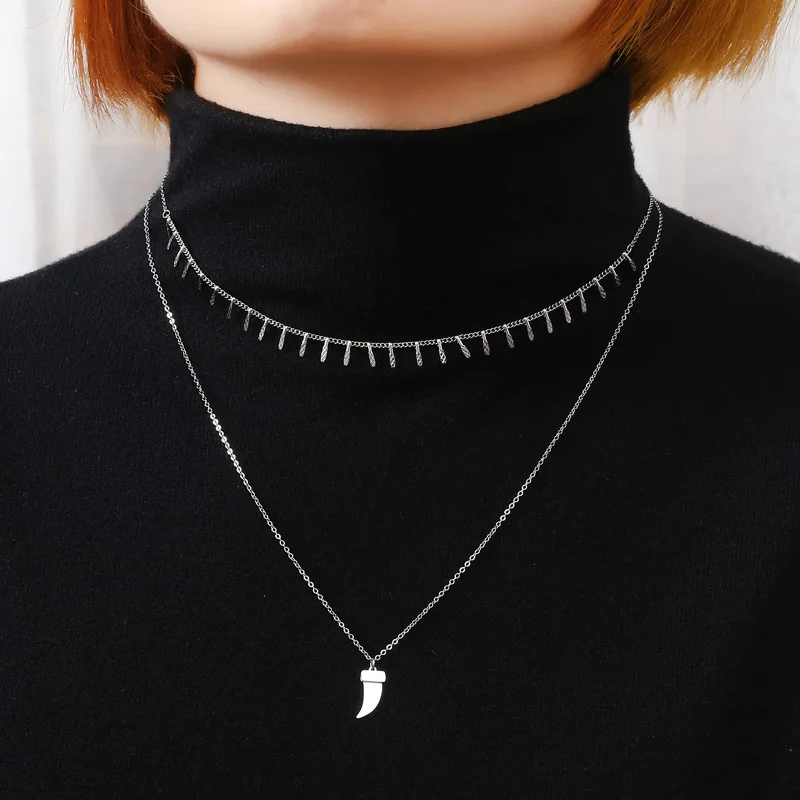 Fashion Jewelry Women Gift Sweater Crown Chain 18k Gold Plated Waterproof Ox Horn Charm Double Row Stainless Steel Long Necklace