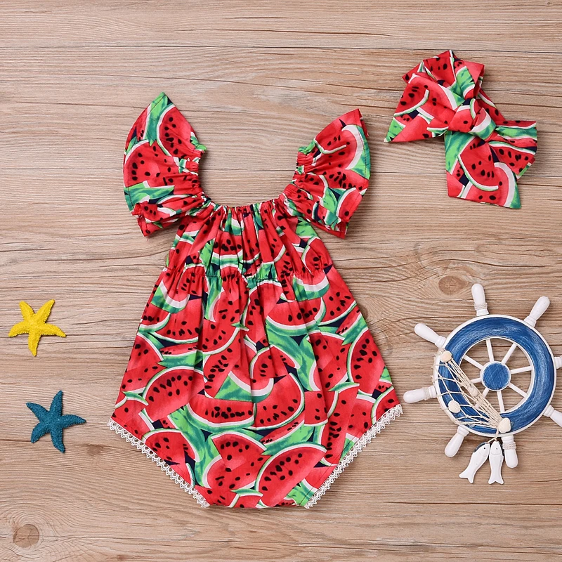 Newborn Baby Girls Clothes Watermelon print short sleeve round neck Bodysuit Bowknot Headband 2pc cotton casual summer set