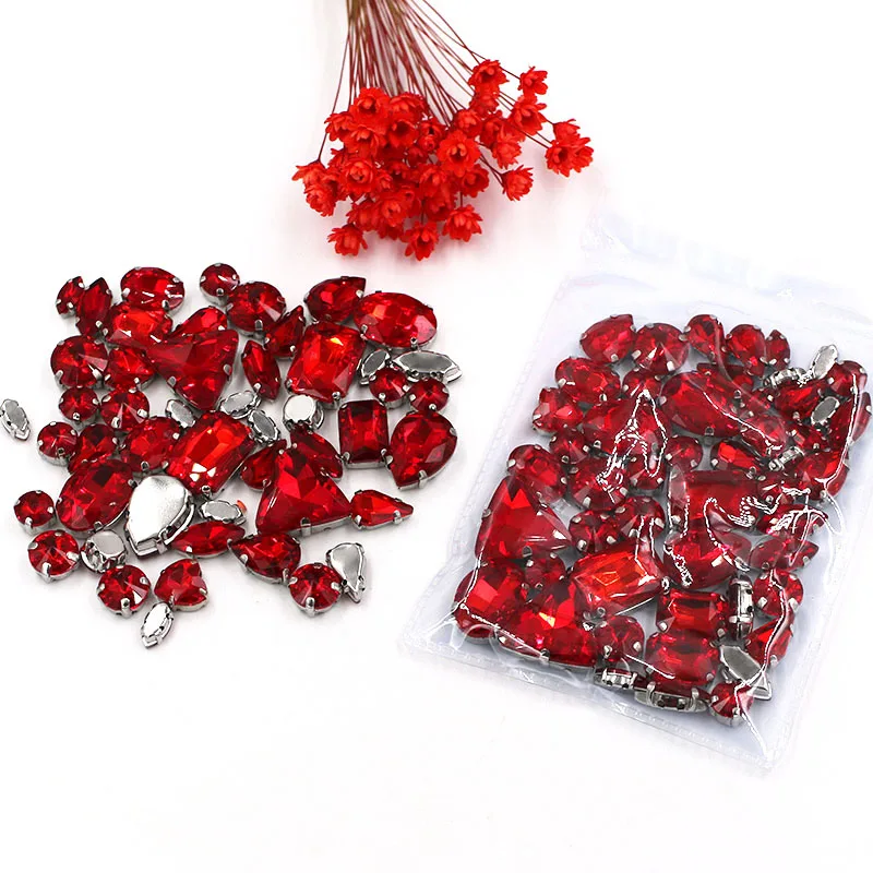 Sell At A Loss! 50Pcs/Bag High Quality Mixed Shape Red Glass Csystal Faltback Sew On Claw Rhinestones Diy Clothing Accessories