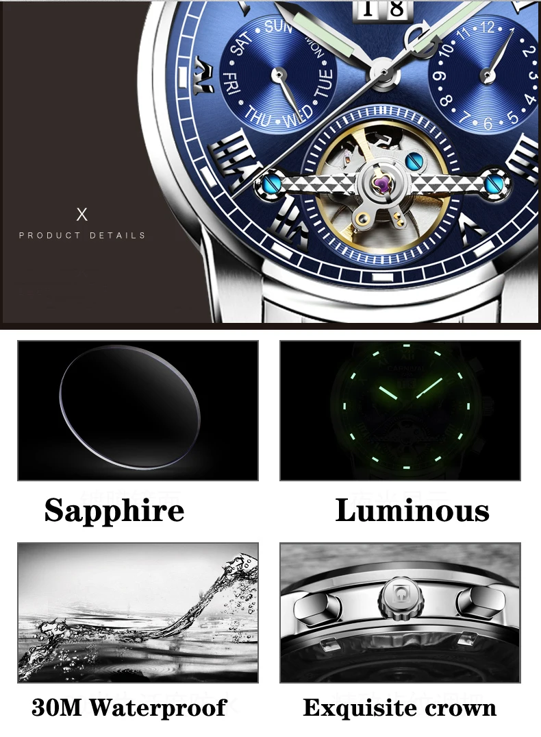 CARNIVAL Fashion Waterproof Tourbillon Watch Men Luminous Date Stainless Steel Automatic Mechanical Watches Mens Reloj Hombre