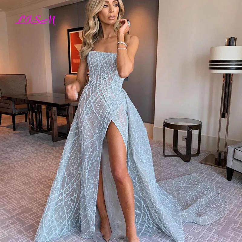 Strapless Evening Dress Shinny Tulle Evening Party Dresses Sequin High Split Formal Dress Princess robe de soiree