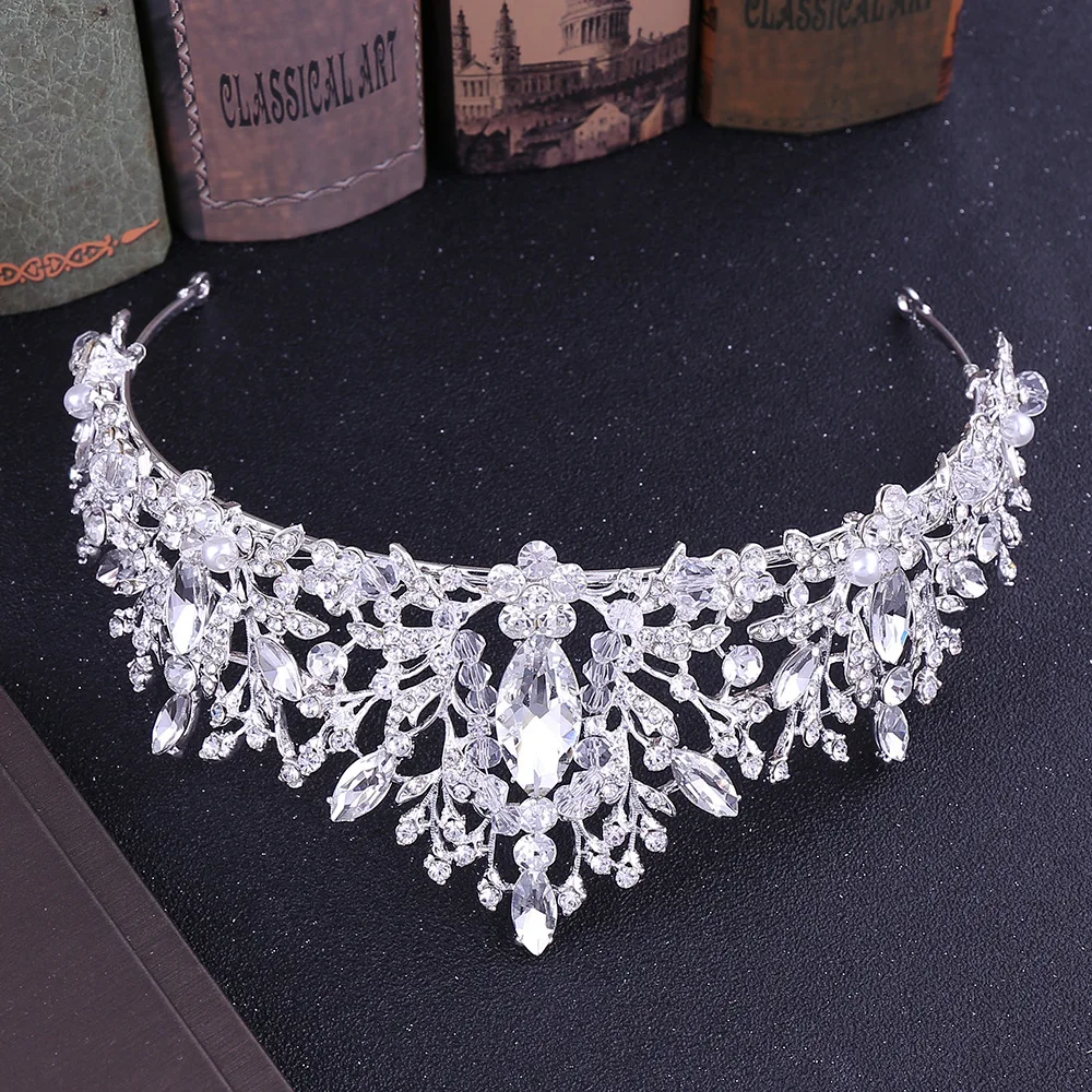 KMVEXO Luxury Heart Crystal Bridal Jewelry Sets Wedding Rhinestone Crown Tiara Earrings Choker Necklace African Bead Jewelry Set