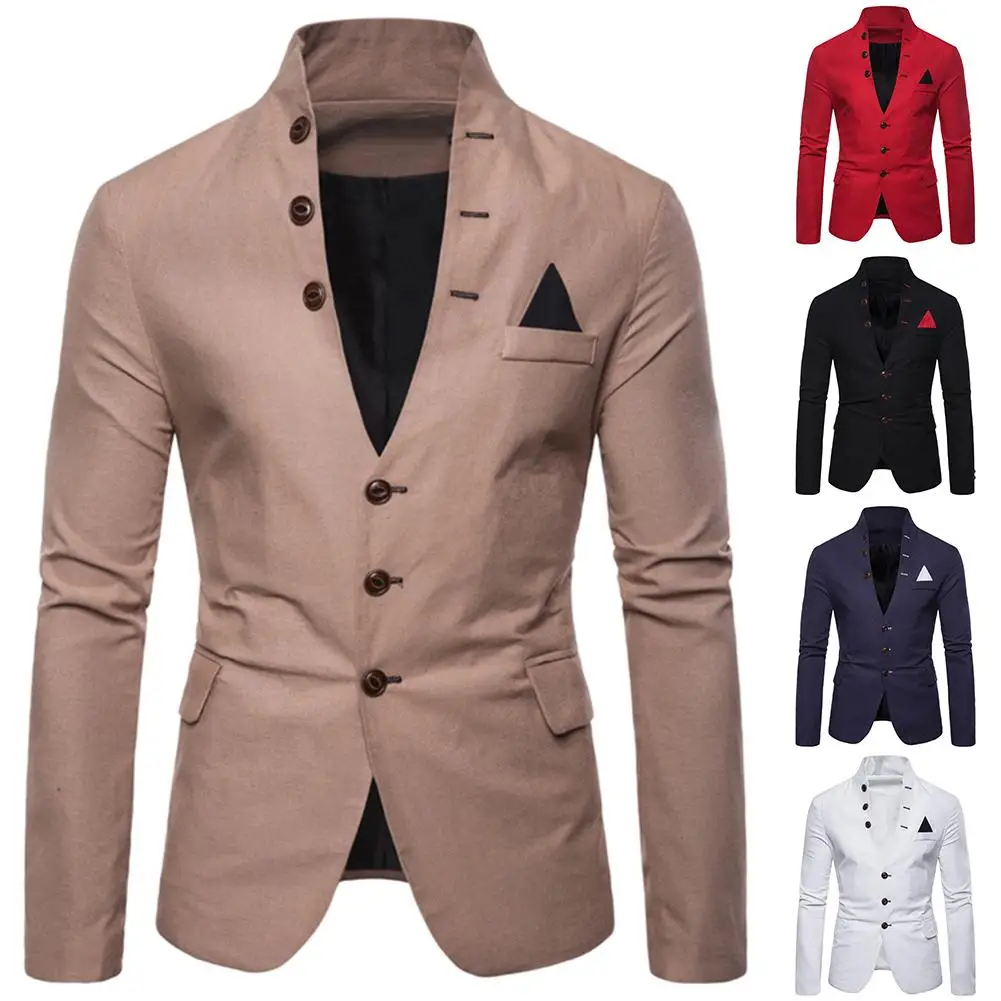 Blazer Hombre Men Long Sleeve Stand Collar Blazer 3 Button Slim Jacket Coat Americana Hombre Blazer costume homme