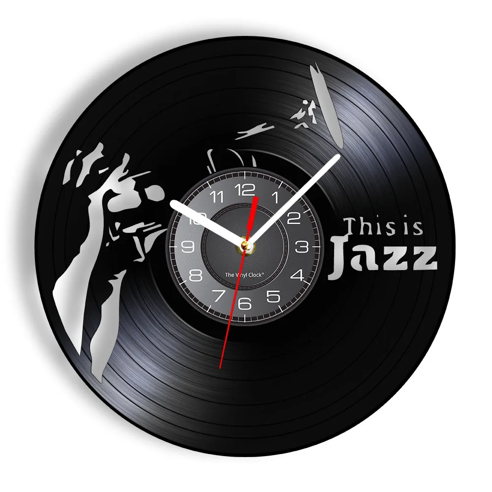This Is Jazz Band Vinyl Record Crafts Wall Clock Saxophone Music Instrument Retro Clock Music Studio Decor Watch Sax Player Gift