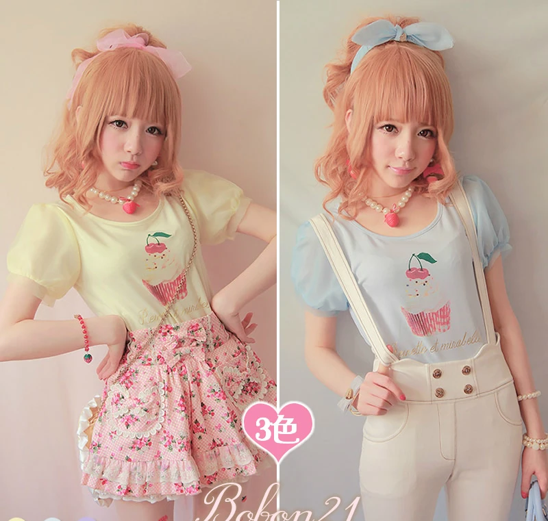 

Princess sweet lolita shirt BOBON21 soft adorable cherry cake ice cream color European Gensha princess sleeve T-shirt T1027