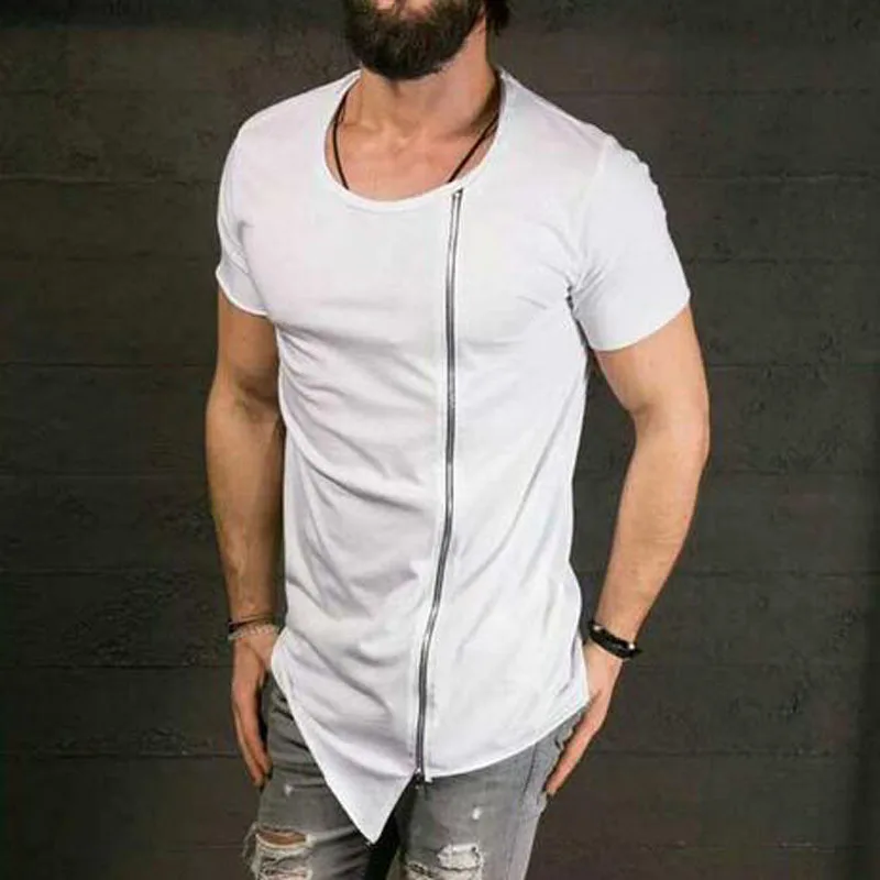 Summer wear long round neck matching half-sleeve t-shirt large undershirt high street style inclined Zipper short-sleeved t-fash