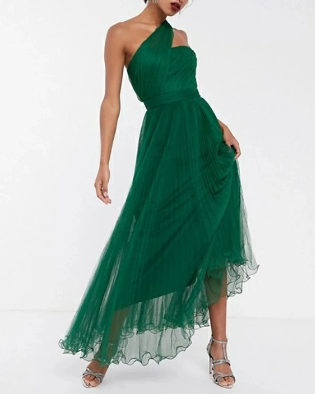 Moda verde um ombro tornozelo comprimento chiffon formal vestido de noite a linha plissados do baile de formatura vestidos de festa banquete