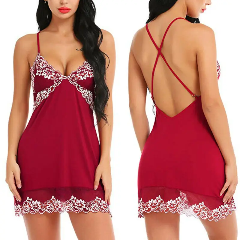 Sexy Lingerie Women Silk Lace Sleeveless Babydoll V neck Nightdress Nightgown mini short Sleepwear night dress