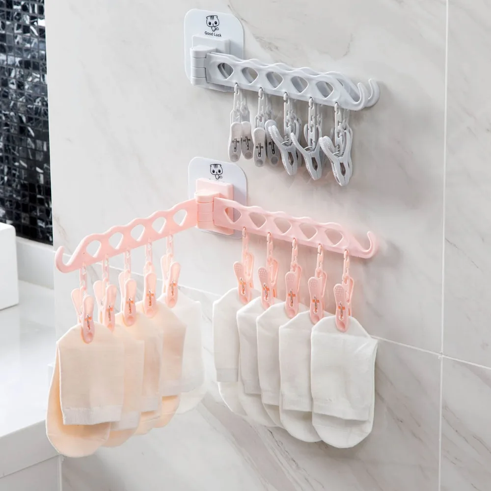 Bathroom 10 Clips Foldable Clothes Rack Hanger Laundry Folding Wall Underware Clothespin Mount Drying  Holder for Bra Socks