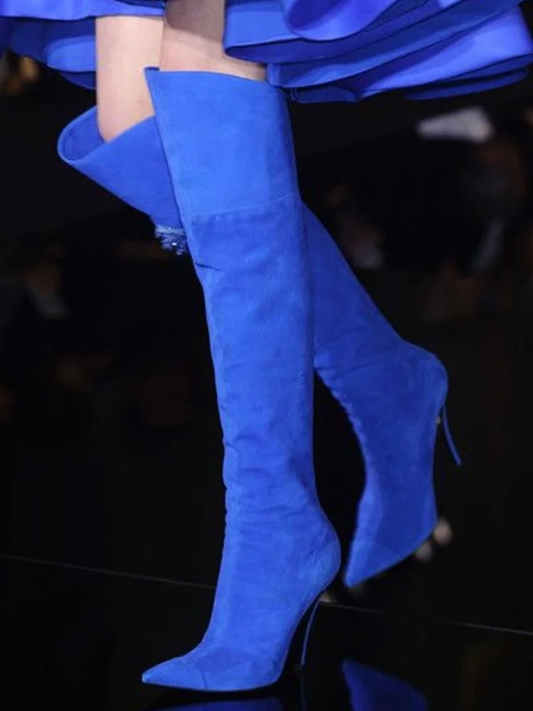 

Blue Suede Runway Picture Boots Sexy Pointed Toe Stiletto High Heel Over The Knee Fashion Women Shoes Thin High Heel Shoes