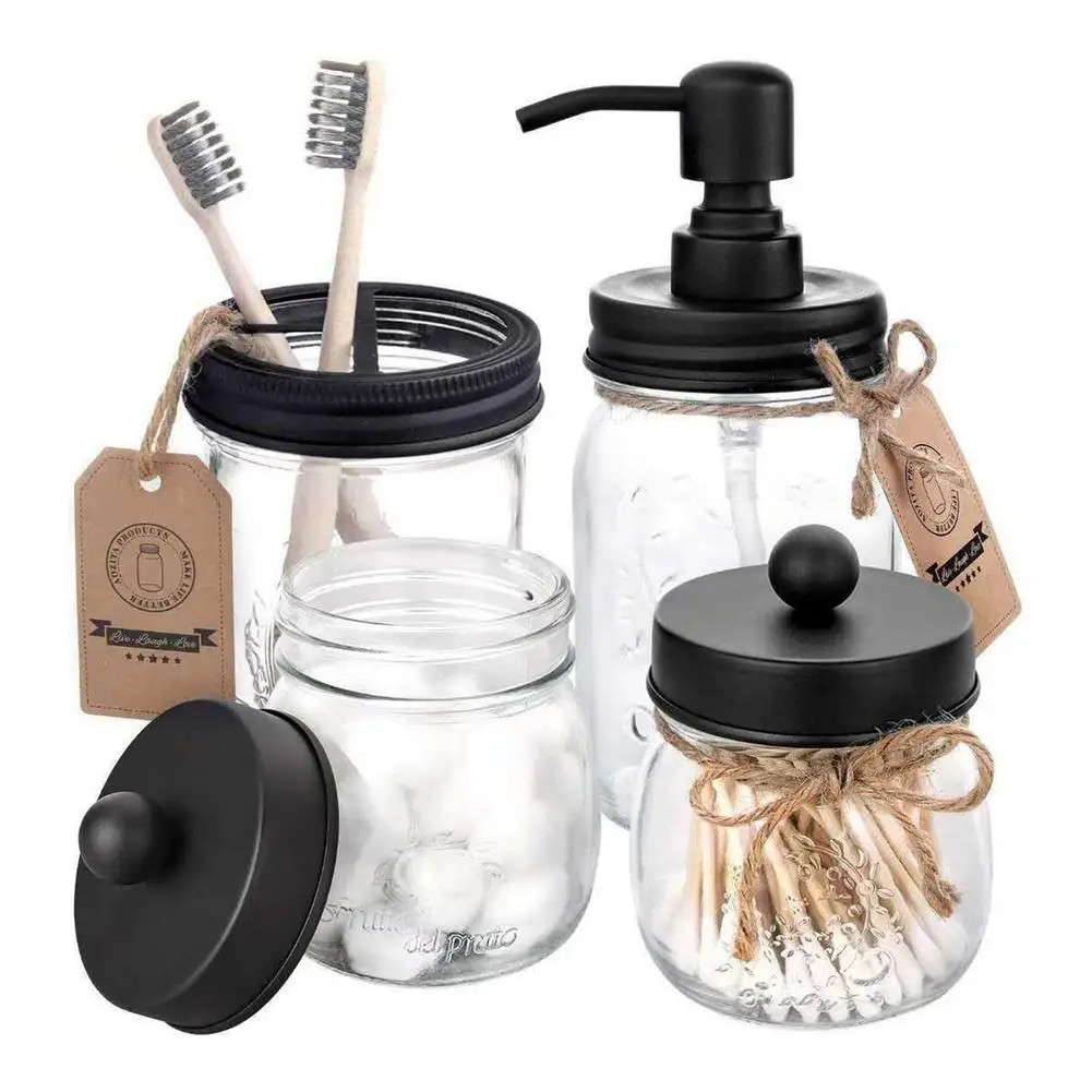 4pcs/set Mason Jar Wide Mouth Glass Bottle Soap Dispenser Holder Bathroom Accessories Storage Container Set Home Storage