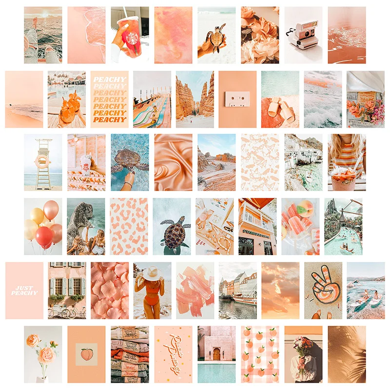 

50Pcs Peach Beach Aesthetic Picture for Wall Collage Boho Style Print Kits Teal Color Living Room Dorm Decorations for Girls