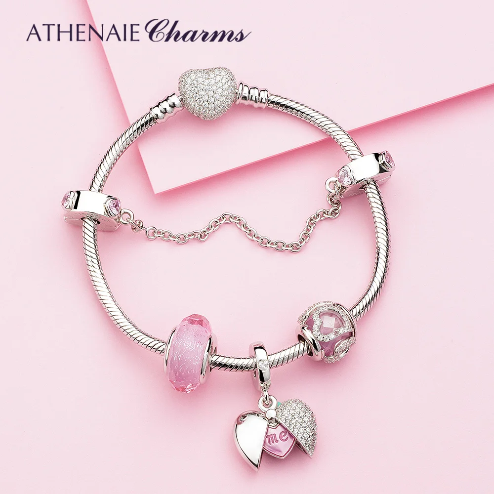ATHENAIE Authentic 925 Sterling Silver Pink CZ Love Hearts Dangle Safety Chain Charm Fit Bracelets DIY Jewelry Valentine\'s Day
