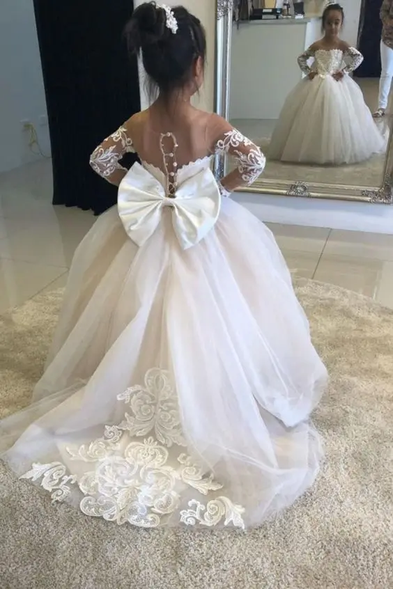 Robe De Communion pour filles, en Tulle, en dentelle, à manches longues, robe De soirée mignonne, collection 2020